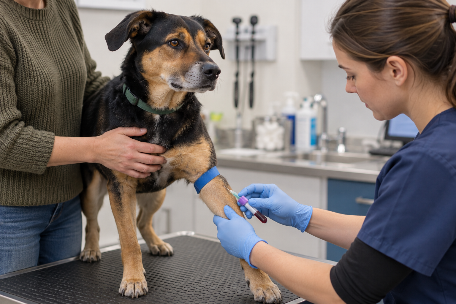 Veterinárna pracovníčka odoberá psovi krv na diagnostické testy